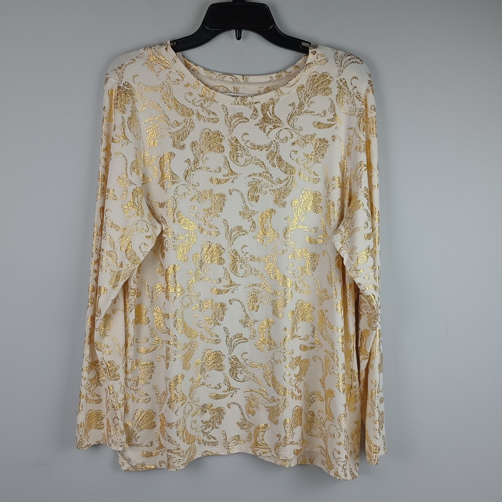 Chico's Womens XL Cream Gold Foil Damask Long Sleeve Stretch Tshirt Blouse